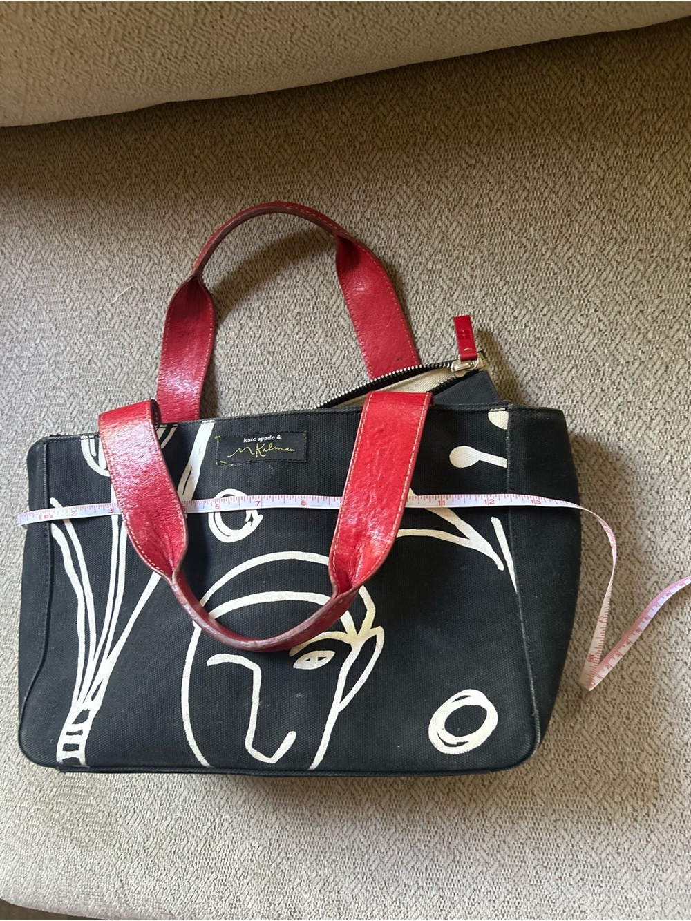 kate spade M Kalman Vtg Rare Black Canvas Bag Red Leather Handles Artsy Pop Art - Picture 15 of 16